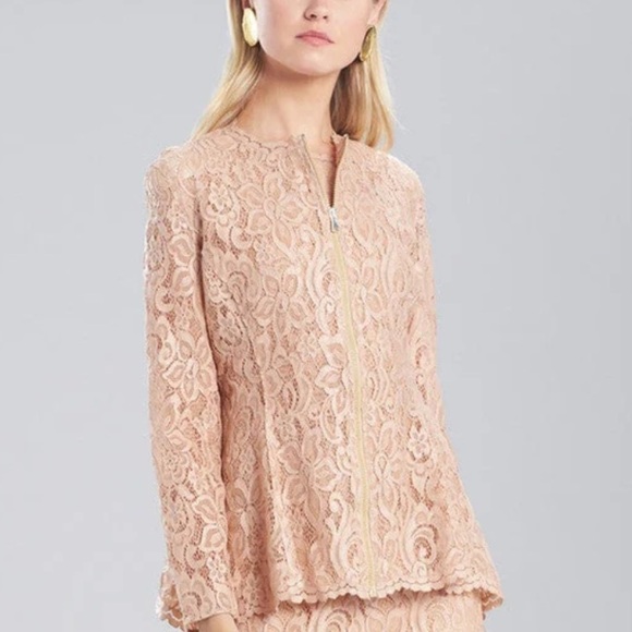 Josie Natori Lacquer Nude Lace Top NWT Zip front Semi Sheer Peplum - Picture 5 of 13